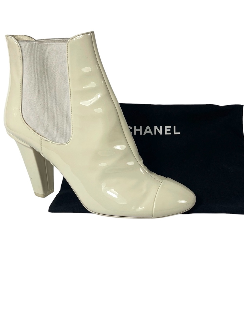 CHANEL Ivory Patent CC Ankle Boots Women's 38 8